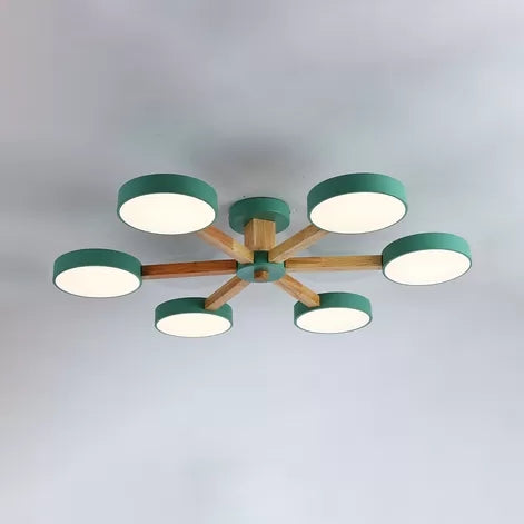 Nordic Snowflake Chandelier with Round Shade Acrylic Wood Pink&Green Hanging Light for Kindergarten 6 Green Clearhalo 'Ceiling Lights' 'Close To Ceiling Lights' 'Close to ceiling' 'Semi-flushmount' Lighting' 52038