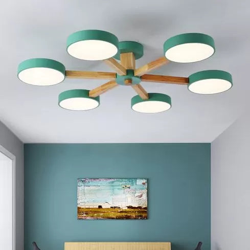 Nordic Snowflake Chandelier with Round Shade Acrylic Wood Pink&Green Hanging Light for Kindergarten Clearhalo 'Ceiling Lights' 'Close To Ceiling Lights' 'Close to ceiling' 'Semi-flushmount' Lighting' 52039