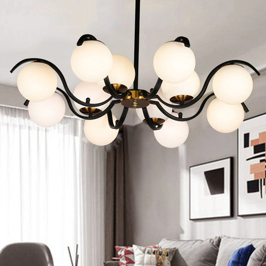 Minimalist Globe Down Lighting Milky Glass 12 Lights Living Room Pendant Chandelier in Black Black Clearhalo 'Ceiling Lights' 'Chandeliers' 'Glass shade' 'Glass' 'Modern Chandeliers' 'Modern' 'Pendant Lights' Lighting' 520397