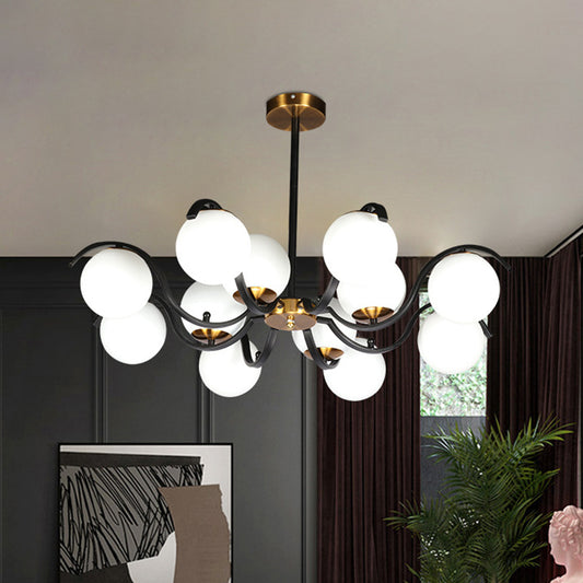 Minimalist Globe Down Lighting Milky Glass 12 Lights Living Room Pendant Chandelier in Black Clearhalo 'Ceiling Lights' 'Chandeliers' 'Glass shade' 'Glass' 'Modern Chandeliers' 'Modern' 'Pendant Lights' Lighting' 520398