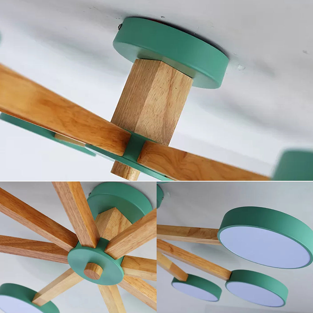 Nordic Snowflake Chandelier with Round Shade Acrylic Wood Pink&Green Hanging Light for Kindergarten Clearhalo 'Ceiling Lights' 'Close To Ceiling Lights' 'Close to ceiling' 'Semi-flushmount' Lighting' 52041