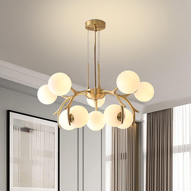 Sphere Bedroom Ceiling Chandelier White Glass 10-Bulb Modern Brass Pendant with Antler Arm Clearhalo 'Ceiling Lights' 'Chandeliers' 'Glass shade' 'Glass' 'Modern Chandeliers' 'Modern' Lighting' 520417