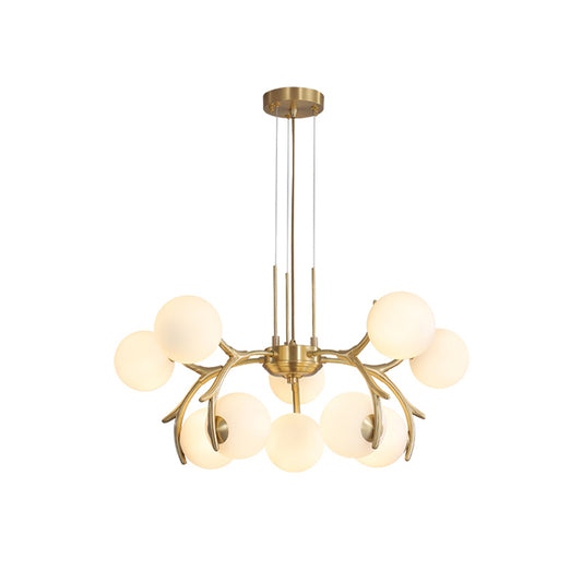 Sphere Bedroom Ceiling Chandelier White Glass 10-Bulb Modern Brass Pendant with Antler Arm Clearhalo 'Ceiling Lights' 'Chandeliers' 'Glass shade' 'Glass' 'Modern Chandeliers' 'Modern' Lighting' 520418