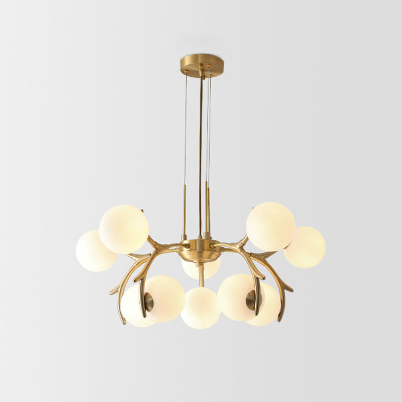 Sphere Bedroom Ceiling Chandelier White Glass 10-Bulb Modern Brass Pendant with Antler Arm Clearhalo 'Ceiling Lights' 'Chandeliers' 'Glass shade' 'Glass' 'Modern Chandeliers' 'Modern' Lighting' 520419