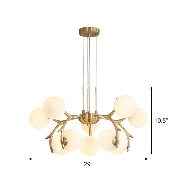 Sphere Bedroom Ceiling Chandelier White Glass 10-Bulb Modern Brass Pendant with Antler Arm Clearhalo 'Ceiling Lights' 'Chandeliers' 'Glass shade' 'Glass' 'Modern Chandeliers' 'Modern' Lighting' 520420