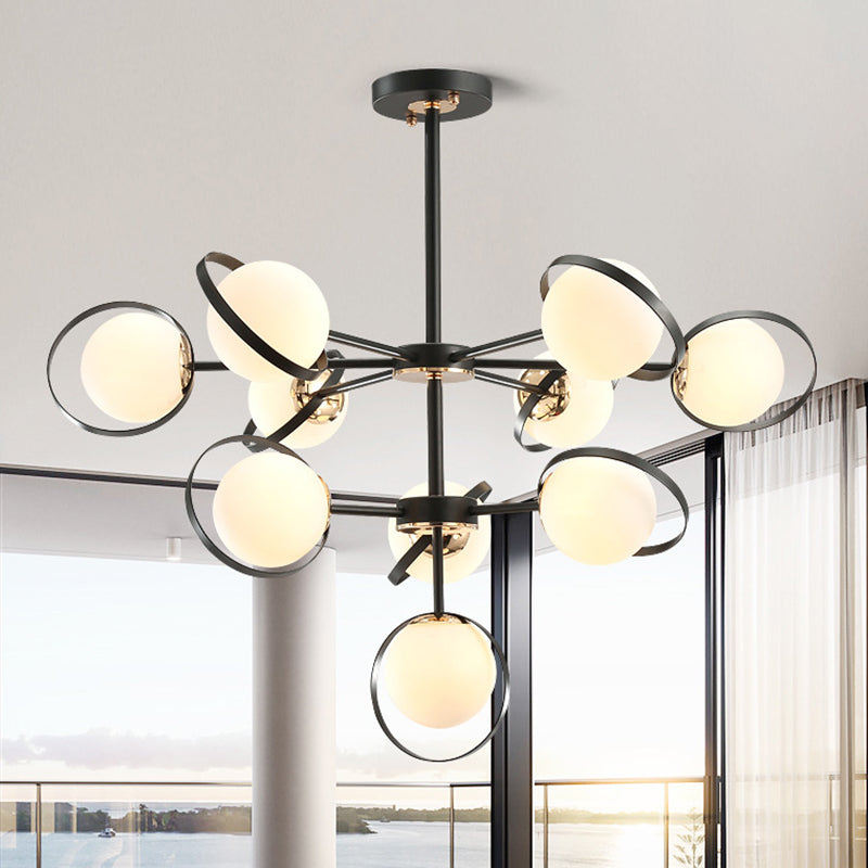 Opal Glass 3-Tier Modo Pendant Lighting Modern 10-Head Hanging Chandelier in Black with Ring Detail Clearhalo 'Ceiling Lights' 'Chandeliers' 'Glass shade' 'Glass' 'Modern Chandeliers' 'Modern' Lighting' 520432