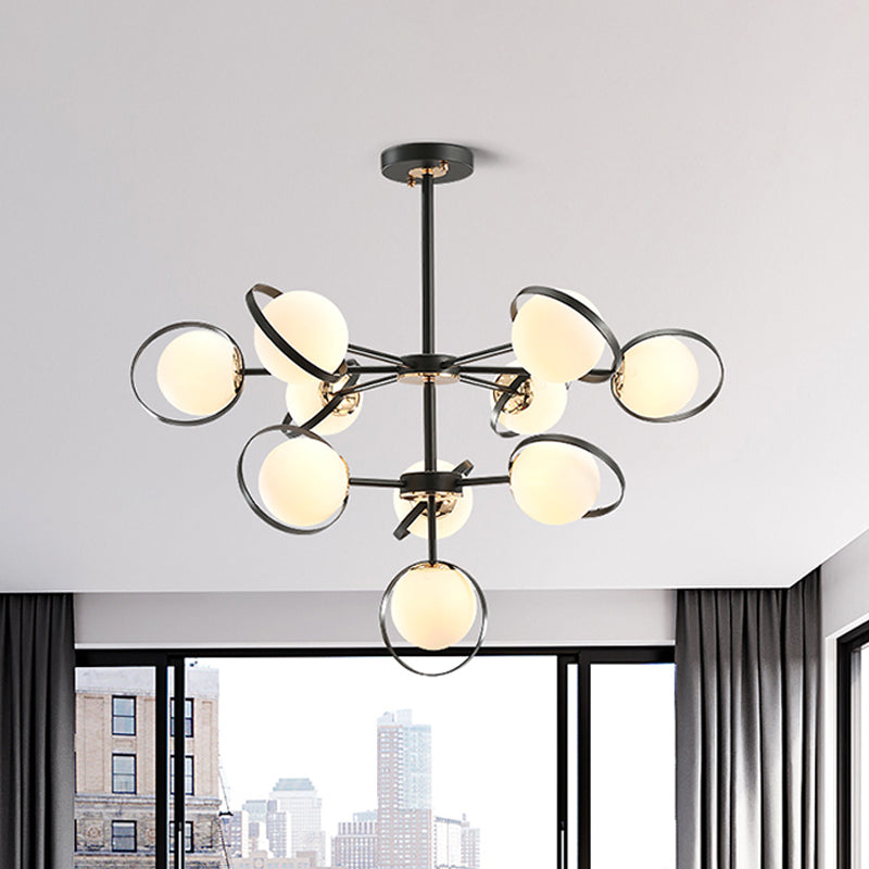 Opal Glass 3-Tier Modo Pendant Lighting Modern 10-Head Hanging Chandelier in Black with Ring Detail Clearhalo 'Ceiling Lights' 'Chandeliers' 'Glass shade' 'Glass' 'Modern Chandeliers' 'Modern' Lighting' 520433