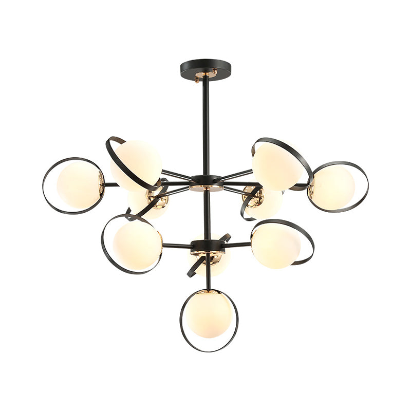 Opal Glass 3-Tier Modo Pendant Lighting Modern 10-Head Hanging Chandelier in Black with Ring Detail Clearhalo 'Ceiling Lights' 'Chandeliers' 'Glass shade' 'Glass' 'Modern Chandeliers' 'Modern' Lighting' 520434