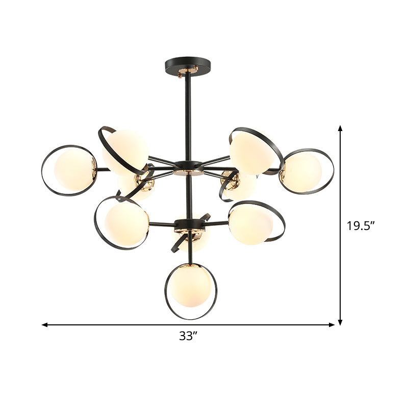 Opal Glass 3-Tier Modo Pendant Lighting Modern 10-Head Hanging Chandelier in Black with Ring Detail Clearhalo 'Ceiling Lights' 'Chandeliers' 'Glass shade' 'Glass' 'Modern Chandeliers' 'Modern' Lighting' 520435