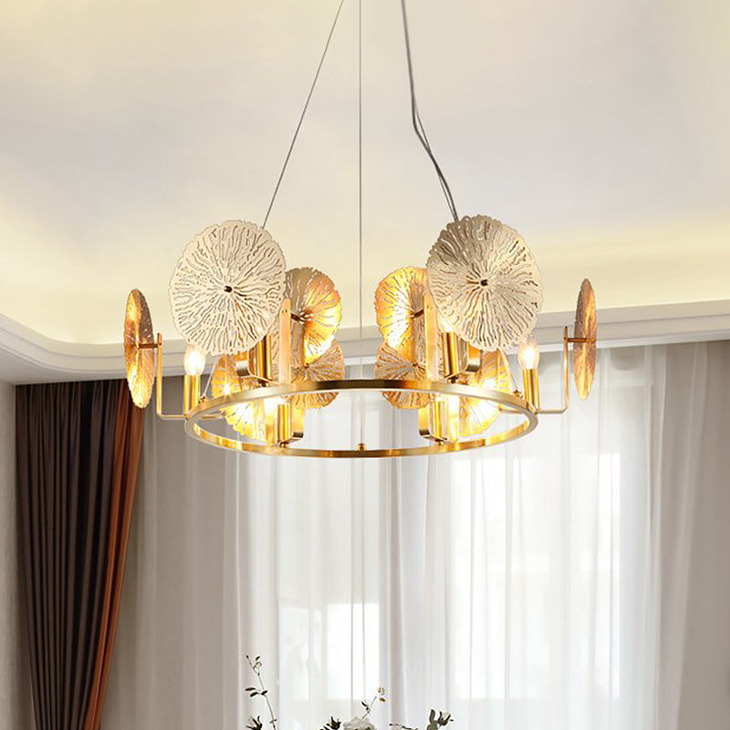 Post Modern Lotus Leaf Chandelier Metal 6 Lights Living Room Hanging Light in Brass with Ring Design Brass Clearhalo 'Ceiling Lights' 'Chandeliers' 'Glass shade' 'Glass' 'Modern Chandeliers' 'Modern' Lighting' 520448