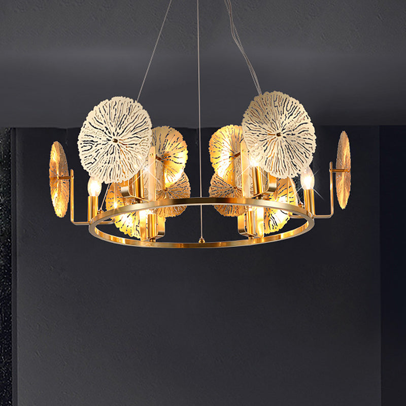 Post Modern Lotus Leaf Chandelier Metal 6 Lights Living Room Hanging Light in Brass with Ring Design Clearhalo 'Ceiling Lights' 'Chandeliers' 'Glass shade' 'Glass' 'Modern Chandeliers' 'Modern' Lighting' 520449