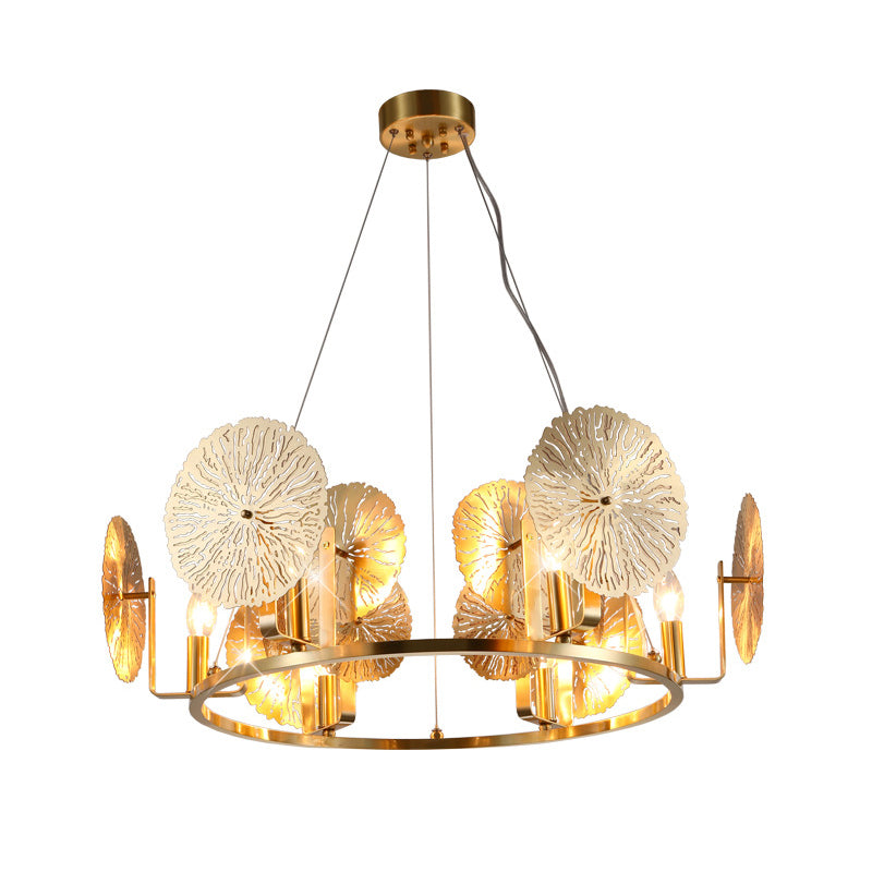 Post Modern Lotus Leaf Chandelier Metal 6 Lights Living Room Hanging Light in Brass with Ring Design Clearhalo 'Ceiling Lights' 'Chandeliers' 'Glass shade' 'Glass' 'Modern Chandeliers' 'Modern' Lighting' 520450