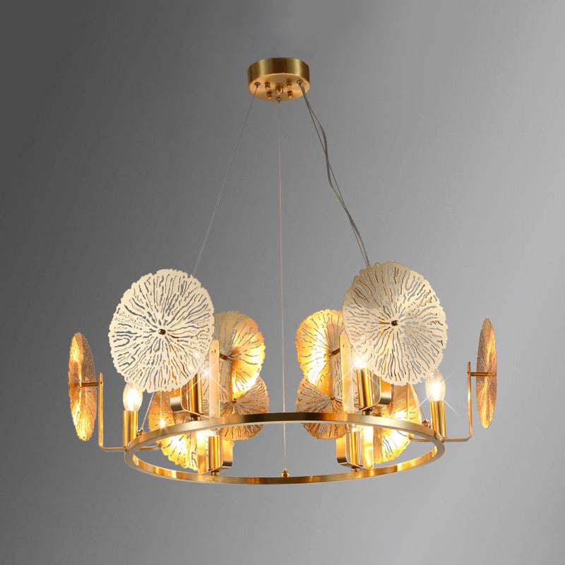 Post Modern Lotus Leaf Chandelier Metal 6 Lights Living Room Hanging Light in Brass with Ring Design Clearhalo 'Ceiling Lights' 'Chandeliers' 'Glass shade' 'Glass' 'Modern Chandeliers' 'Modern' Lighting' 520451