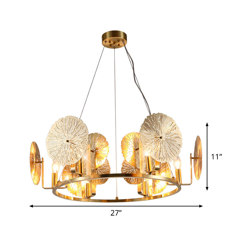 Post Modern Lotus Leaf Chandelier Metal 6 Lights Living Room Hanging Light in Brass with Ring Design Clearhalo 'Ceiling Lights' 'Chandeliers' 'Glass shade' 'Glass' 'Modern Chandeliers' 'Modern' Lighting' 520452