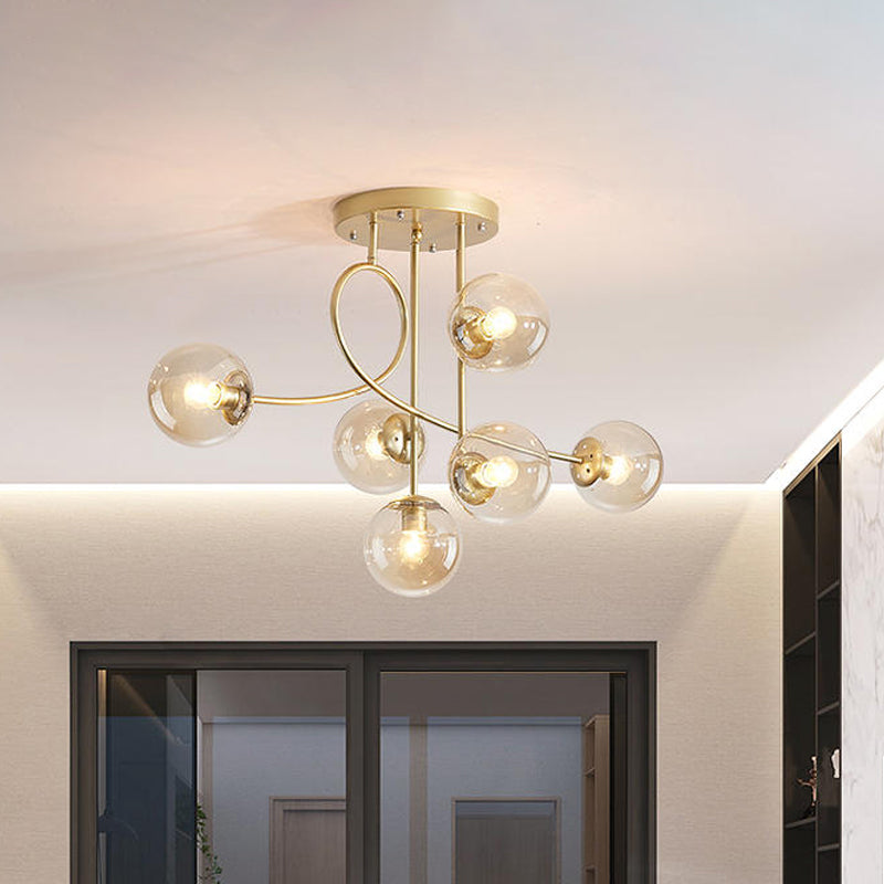 Modern 6 Heads Chandelier Lighting with Clear Glass Shade Brass Global Ceiling Hang Fixture Brass Clearhalo 'Ceiling Lights' 'Chandeliers' 'Glass shade' 'Glass' 'Modern Chandeliers' 'Modern' Lighting' 520454