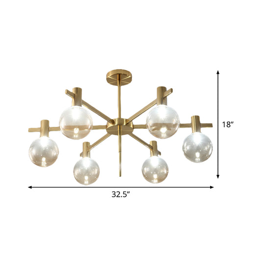 Ball LED Pendant Chandelier Post-Modern Clear Glass 6-Bulb Brass Hanging Lamp Kit with Radial Design Clearhalo 'Ceiling Lights' 'Chandeliers' 'Glass shade' 'Glass' 'Modern Chandeliers' 'Modern' Lighting' 520467