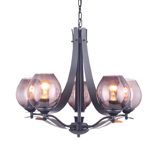 Modern Bud Pendant Light Grey Glass 5 Heads Bedroom LED Ceiling Chandelier with Slim Panel Arm Clearhalo 'Ceiling Lights' 'Chandeliers' 'Glass shade' 'Glass' 'Modern Chandeliers' 'Modern' Lighting' 520470