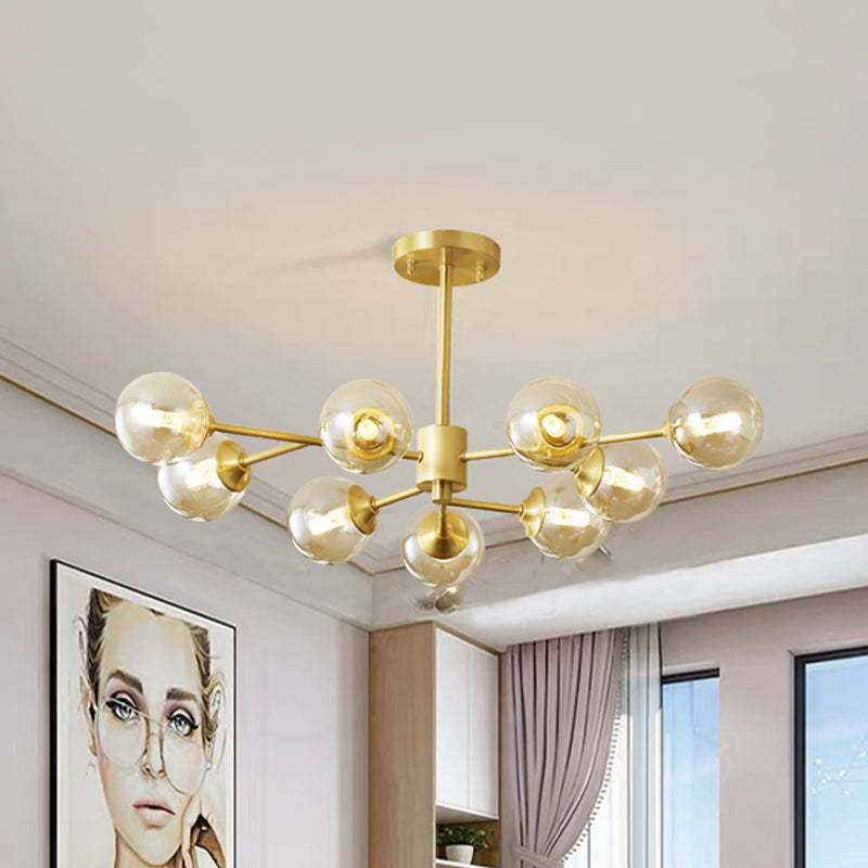 9 Lights Living Room Ceiling Chandelier Post Modern Brass Finish Hanging Lamp with Round Clear Glass Shade Brass Clearhalo 'Ceiling Lights' 'Chandeliers' 'Glass shade' 'Glass' 'Modern Chandeliers' 'Modern' Lighting' 520483