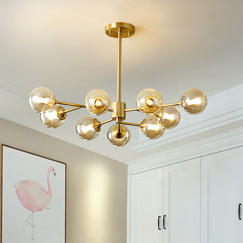 9 Lights Living Room Ceiling Chandelier Post Modern Brass Finish Hanging Lamp with Round Clear Glass Shade Clearhalo 'Ceiling Lights' 'Chandeliers' 'Glass shade' 'Glass' 'Modern Chandeliers' 'Modern' Lighting' 520484