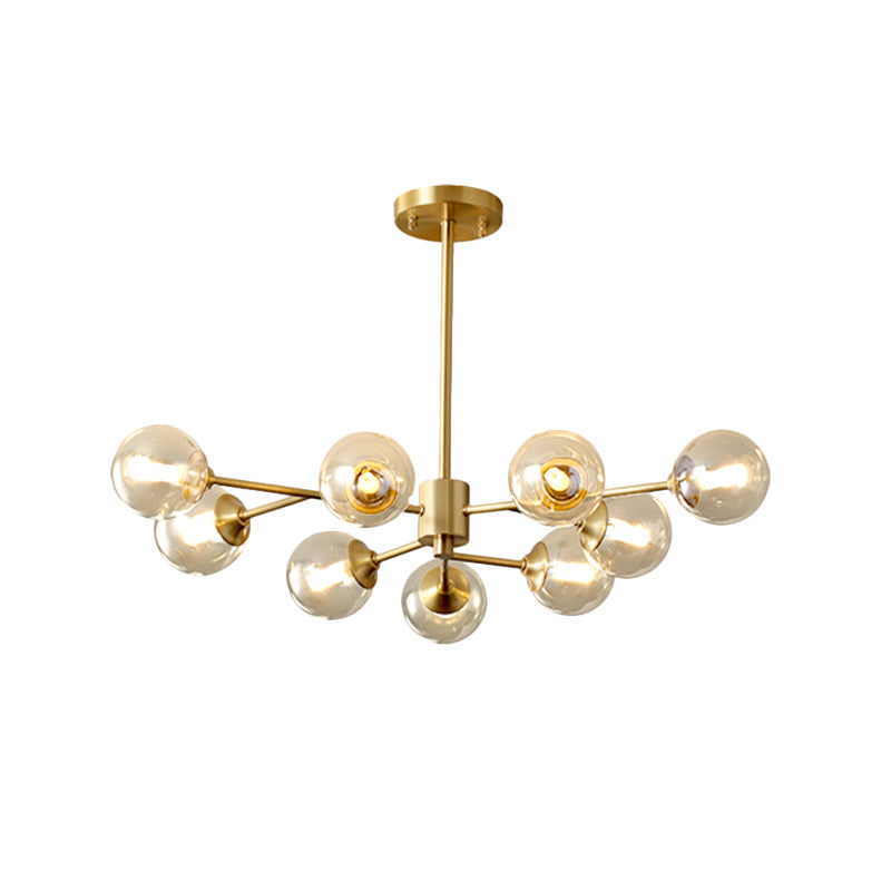 9 Lights Living Room Ceiling Chandelier Post Modern Brass Finish Hanging Lamp with Round Clear Glass Shade Clearhalo 'Ceiling Lights' 'Chandeliers' 'Glass shade' 'Glass' 'Modern Chandeliers' 'Modern' Lighting' 520485