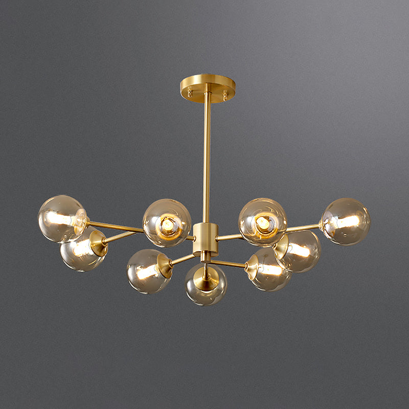 9 Lights Living Room Ceiling Chandelier Post Modern Brass Finish Hanging Lamp with Round Clear Glass Shade Clearhalo 'Ceiling Lights' 'Chandeliers' 'Glass shade' 'Glass' 'Modern Chandeliers' 'Modern' Lighting' 520486