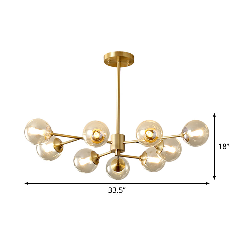 9 Lights Living Room Ceiling Chandelier Post Modern Brass Finish Hanging Lamp with Round Clear Glass Shade Clearhalo 'Ceiling Lights' 'Chandeliers' 'Glass shade' 'Glass' 'Modern Chandeliers' 'Modern' Lighting' 520487