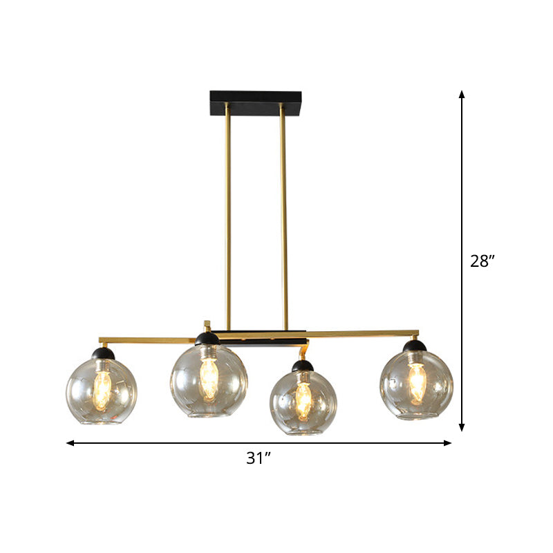 Linear Dining Room Down Lighting Metal 4-Light Simple Chandelier in Brass with Globe Clear Glass Shade Clearhalo 'Ceiling Lights' 'Chandeliers' 'Glass shade' 'Glass' 'Modern Chandeliers' 'Modern' Lighting' 520492