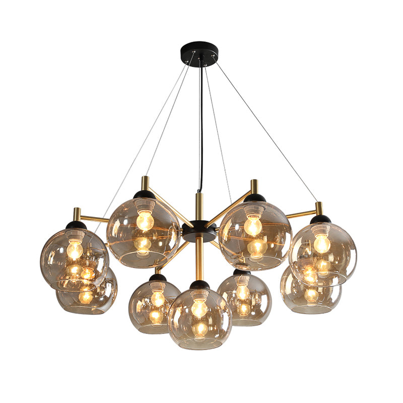 Post-Modern Globe Chandelier Lighting Amber Glass 9 Bulbs Living Room Ceiling Hang Fixture in Brass Clearhalo 'Ceiling Lights' 'Chandeliers' 'Glass shade' 'Glass' 'Modern Chandeliers' 'Modern' Lighting' 520505