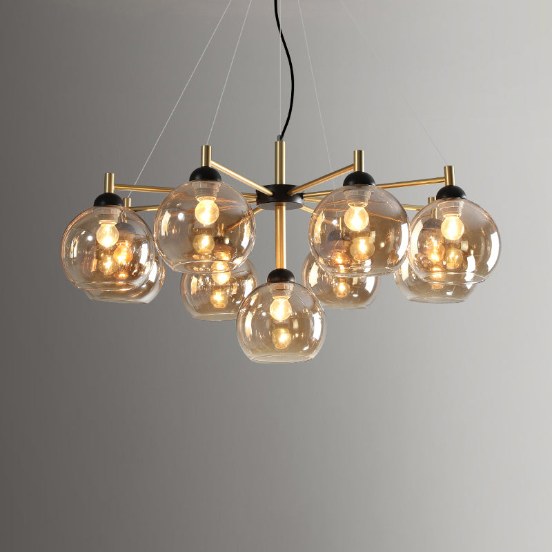 Post-Modern Globe Chandelier Lighting Amber Glass 9 Bulbs Living Room Ceiling Hang Fixture in Brass Clearhalo 'Ceiling Lights' 'Chandeliers' 'Glass shade' 'Glass' 'Modern Chandeliers' 'Modern' Lighting' 520506