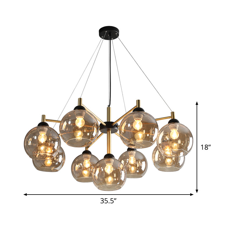 Post-Modern Globe Chandelier Lighting Amber Glass 9 Bulbs Living Room Ceiling Hang Fixture in Brass Clearhalo 'Ceiling Lights' 'Chandeliers' 'Glass shade' 'Glass' 'Modern Chandeliers' 'Modern' Lighting' 520507