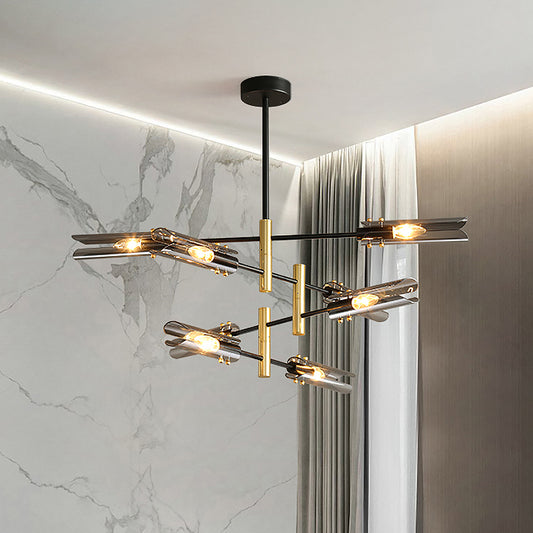 Tubular Chandelier Light Fixture Modern Smoke Gray Glass 8-Head Black and Brass Ceiling Pendant Lamp Smoke Gray Clearhalo 'Ceiling Lights' 'Chandeliers' 'Glass shade' 'Glass' 'Modern Chandeliers' 'Modern' 'Pendant Lights' Lighting' 520518