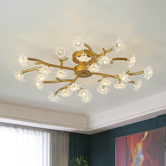 Floral Semi Flushmount Lighting Contemporary Metallic 24-Light Bedroom Flush Ceiling Lamp in Brass Brass Clearhalo 'Ceiling Lights' 'Close To Ceiling Lights' 'Close to ceiling' 'Semi-flushmount' Lighting' 520531