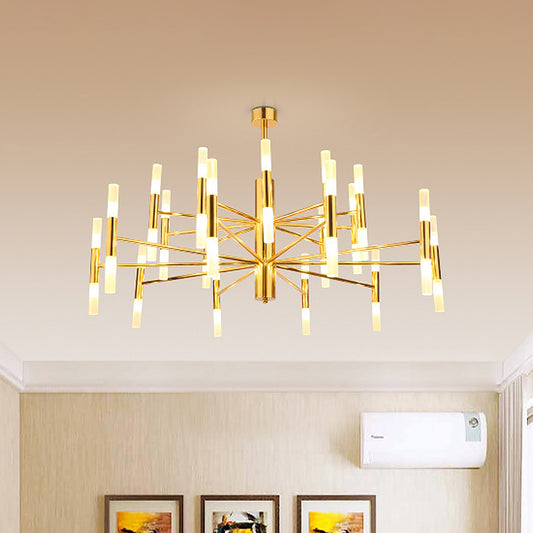 Metallic 2-Tier Slim Tube Pendant Minimalist 40-Head Ceiling Chandelier in Brass for Living Room Brass Clearhalo 'Ceiling Lights' 'Chandeliers' 'Close To Ceiling Lights' 'Glass shade' 'Glass' 'Modern Chandeliers' 'Modern' Lighting' 520536