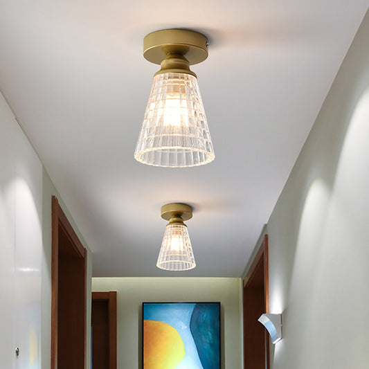 Cone Corridor Flushmount Lighting Clear Lattice Glass 1 Bulb Modernism Flush Mount Lamp in Brass Brass Clearhalo 'Ceiling Lights' 'Close To Ceiling Lights' 'Close to ceiling' 'Flush mount' Lighting' 520541