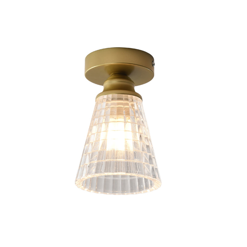 Cone Corridor Flushmount Lighting Clear Lattice Glass 1 Bulb Modernism Flush Mount Lamp in Brass Clearhalo 'Ceiling Lights' 'Close To Ceiling Lights' 'Close to ceiling' 'Flush mount' Lighting' 520543