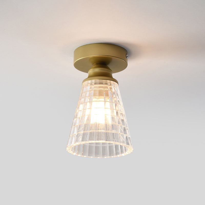 Cone Corridor Flushmount Lighting Clear Lattice Glass 1 Bulb Modernism Flush Mount Lamp in Brass Clearhalo 'Ceiling Lights' 'Close To Ceiling Lights' 'Close to ceiling' 'Flush mount' Lighting' 520544