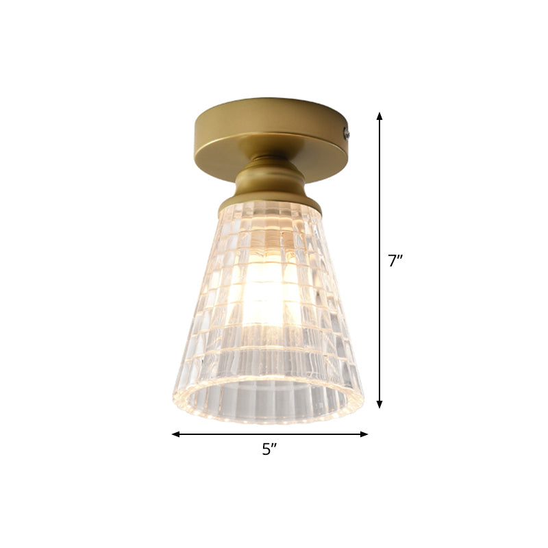 Cone Corridor Flushmount Lighting Clear Lattice Glass 1 Bulb Modernism Flush Mount Lamp in Brass Clearhalo 'Ceiling Lights' 'Close To Ceiling Lights' 'Close to ceiling' 'Flush mount' Lighting' 520545