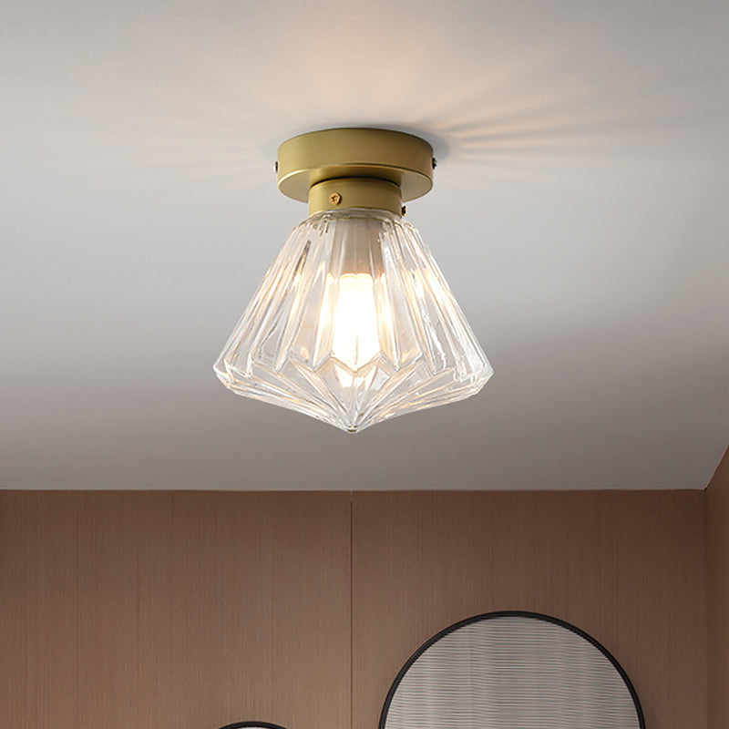 1-Light Bedroom Flush Mount Light Post Modern Brass Flush Lamp with Diamond Clear Prismatic Glass Shade Clearhalo 'Ceiling Lights' 'Close To Ceiling Lights' 'Close to ceiling' 'Flush mount' Lighting' 520552