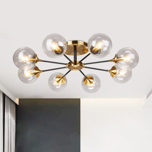 8 Heads Living Room Semi Flush Mount Modernism Brass Flush Light Fixture with Ball Clear Glass Shade Brass Clearhalo 'Ceiling Lights' 'Close To Ceiling Lights' 'Close to ceiling' 'Glass shade' 'Glass' 'Semi-flushmount' Lighting' 520575