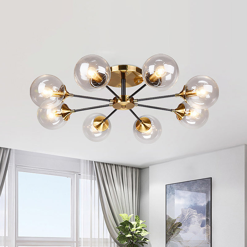 8 Heads Living Room Semi Flush Mount Modernism Brass Flush Light Fixture with Ball Clear Glass Shade Clearhalo 'Ceiling Lights' 'Close To Ceiling Lights' 'Close to ceiling' 'Glass shade' 'Glass' 'Semi-flushmount' Lighting' 520577