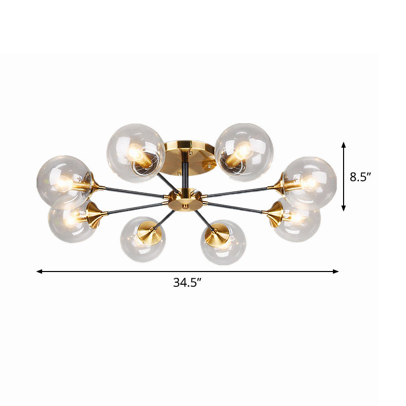 8 Heads Living Room Semi Flush Mount Modernism Brass Flush Light Fixture with Ball Clear Glass Shade Clearhalo 'Ceiling Lights' 'Close To Ceiling Lights' 'Close to ceiling' 'Glass shade' 'Glass' 'Semi-flushmount' Lighting' 520579
