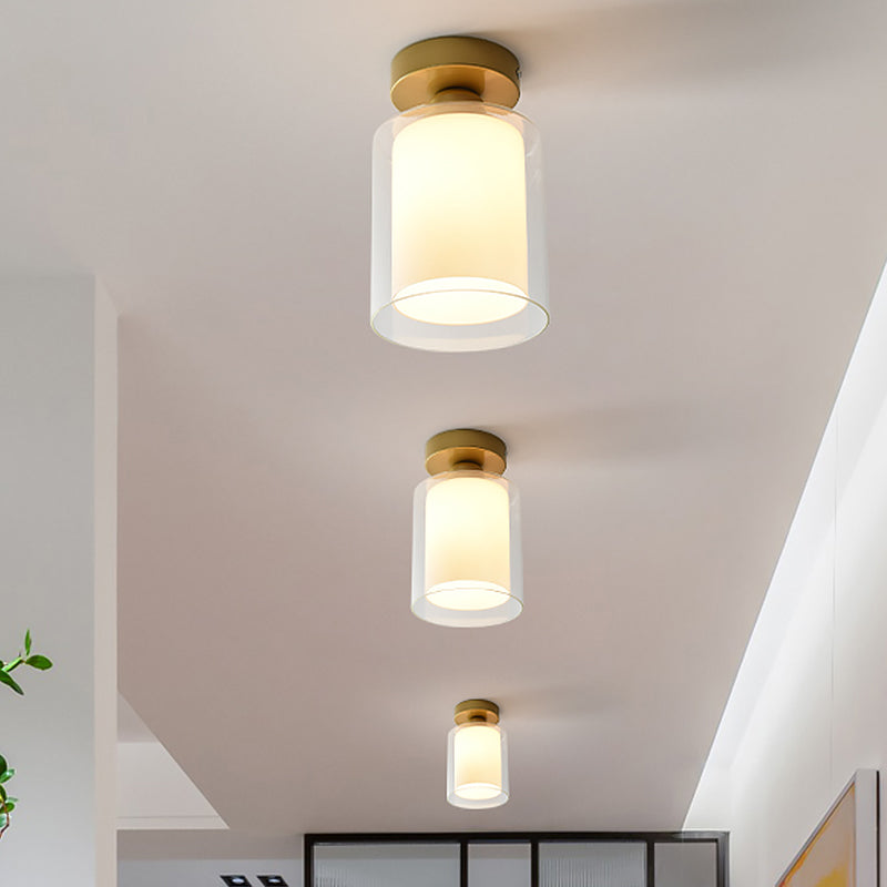 Cylinder Clear and White Glass Flushmount Simple 1 Bulb Corridor Flush Mount Ceiling Light in Brass Brass Clearhalo 'Ceiling Lights' 'Close To Ceiling Lights' 'Close to ceiling' 'Glass shade' 'Glass' 'Semi-flushmount' Lighting' 520580