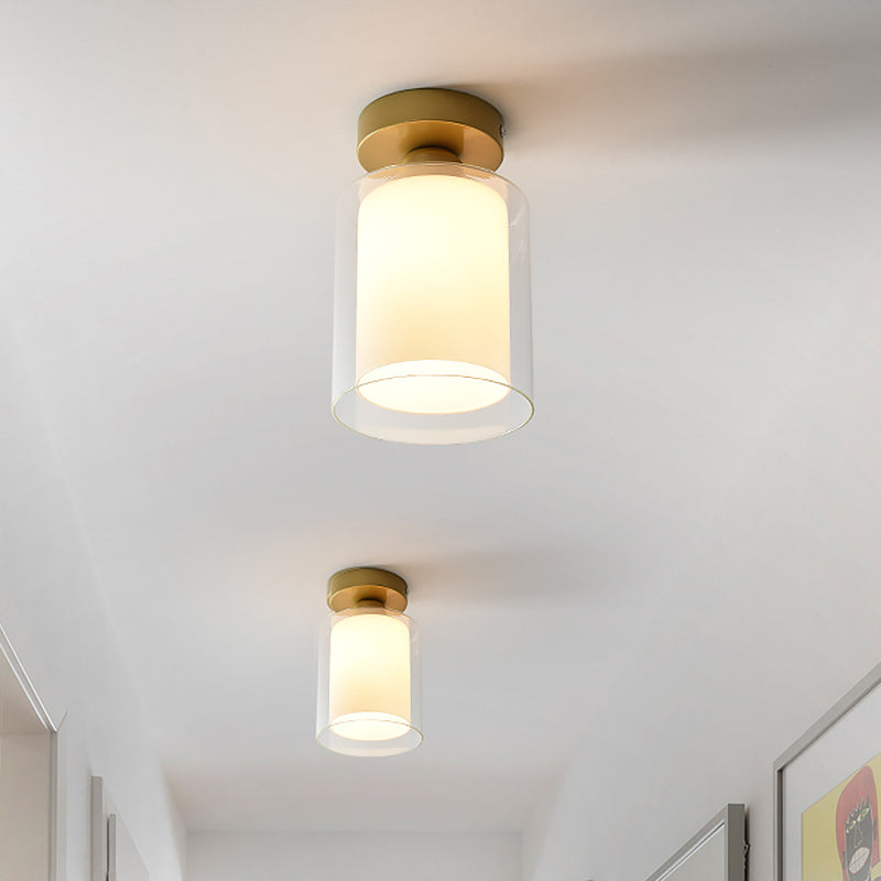 Cylinder Clear and White Glass Flushmount Simple 1 Bulb Corridor Flush Mount Ceiling Light in Brass Clearhalo 'Ceiling Lights' 'Close To Ceiling Lights' 'Close to ceiling' 'Glass shade' 'Glass' 'Semi-flushmount' Lighting' 520581