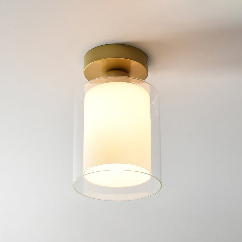 Cylinder Clear and White Glass Flushmount Simple 1 Bulb Corridor Flush Mount Ceiling Light in Brass Clearhalo 'Ceiling Lights' 'Close To Ceiling Lights' 'Close to ceiling' 'Glass shade' 'Glass' 'Semi-flushmount' Lighting' 520583