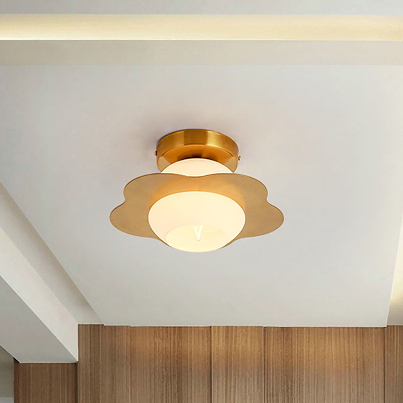 1 Head Hallway Flush Lighting Contemporary Gold Finish Flush Mounted Lamp with Ball White Glass Shade Gold Clearhalo 'Ceiling Lights' 'Close To Ceiling Lights' 'Close to ceiling' 'Flush mount' Lighting' 520590