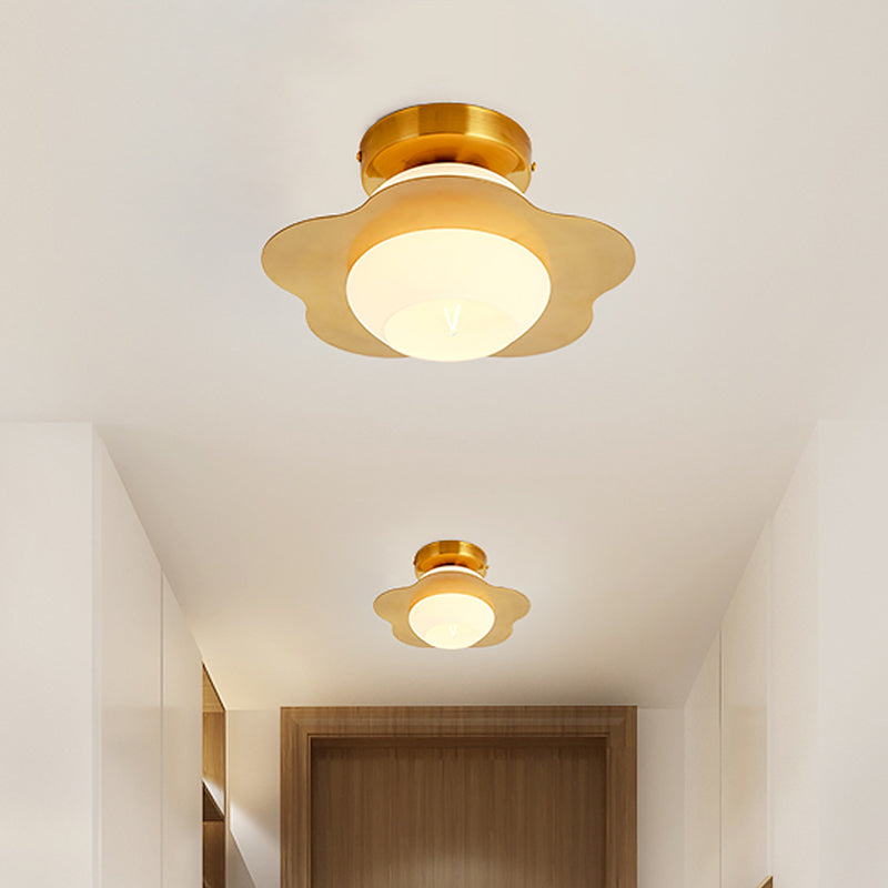 1 Head Hallway Flush Lighting Contemporary Gold Finish Flush Mounted Lamp with Ball White Glass Shade Clearhalo 'Ceiling Lights' 'Close To Ceiling Lights' 'Close to ceiling' 'Flush mount' Lighting' 520591