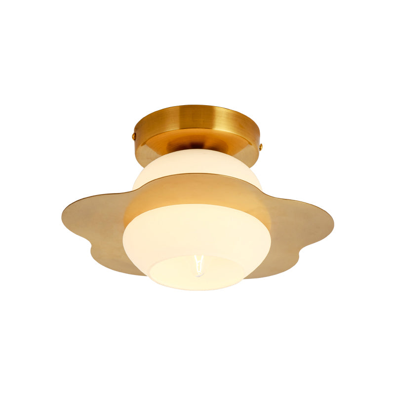 1 Head Hallway Flush Lighting Contemporary Gold Finish Flush Mounted Lamp with Ball White Glass Shade Clearhalo 'Ceiling Lights' 'Close To Ceiling Lights' 'Close to ceiling' 'Flush mount' Lighting' 520592