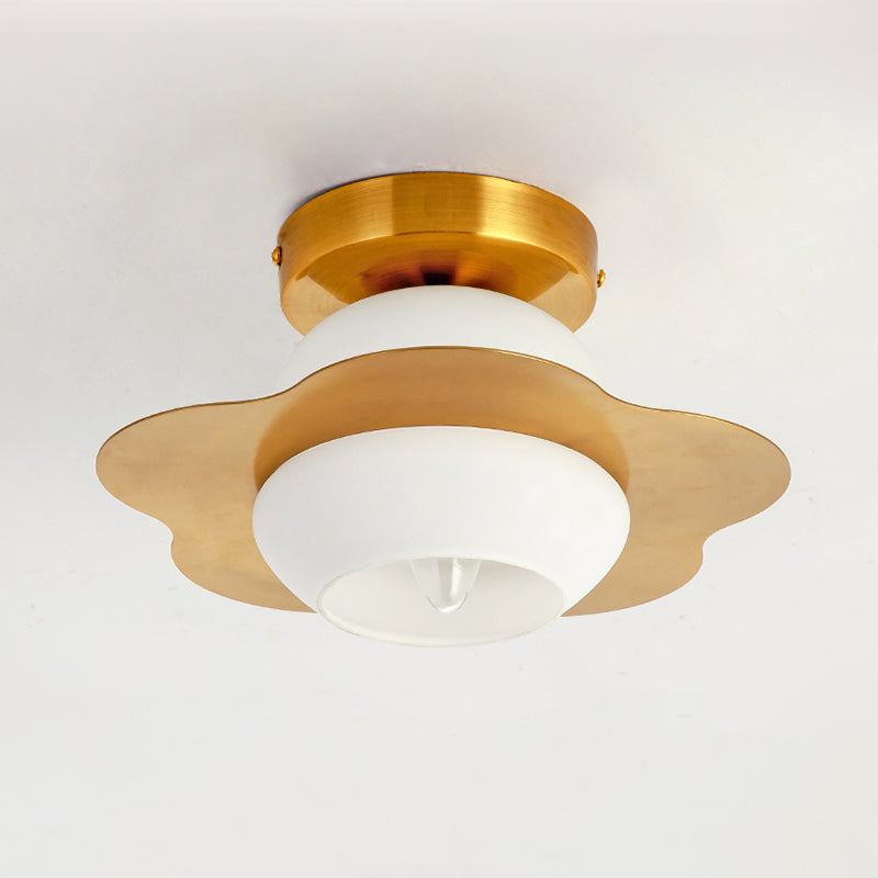 1 Head Hallway Flush Lighting Contemporary Gold Finish Flush Mounted Lamp with Ball White Glass Shade Clearhalo 'Ceiling Lights' 'Close To Ceiling Lights' 'Close to ceiling' 'Flush mount' Lighting' 520593