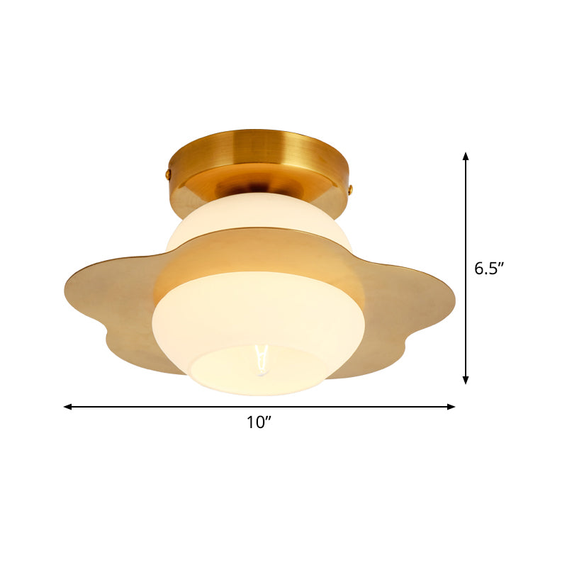 1 Head Hallway Flush Lighting Contemporary Gold Finish Flush Mounted Lamp with Ball White Glass Shade Clearhalo 'Ceiling Lights' 'Close To Ceiling Lights' 'Close to ceiling' 'Flush mount' Lighting' 520594