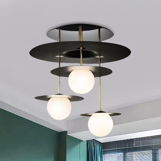 Metal Disk Flush Light Fixture Modernist 3 Bulbs Black Semi Flush Mount Ceiling Lamp with Ball White Glass Shade Black Clearhalo 'Ceiling Lights' 'Close To Ceiling Lights' 'Close to ceiling' 'Glass shade' 'Glass' 'Semi-flushmount' Lighting' 520595
